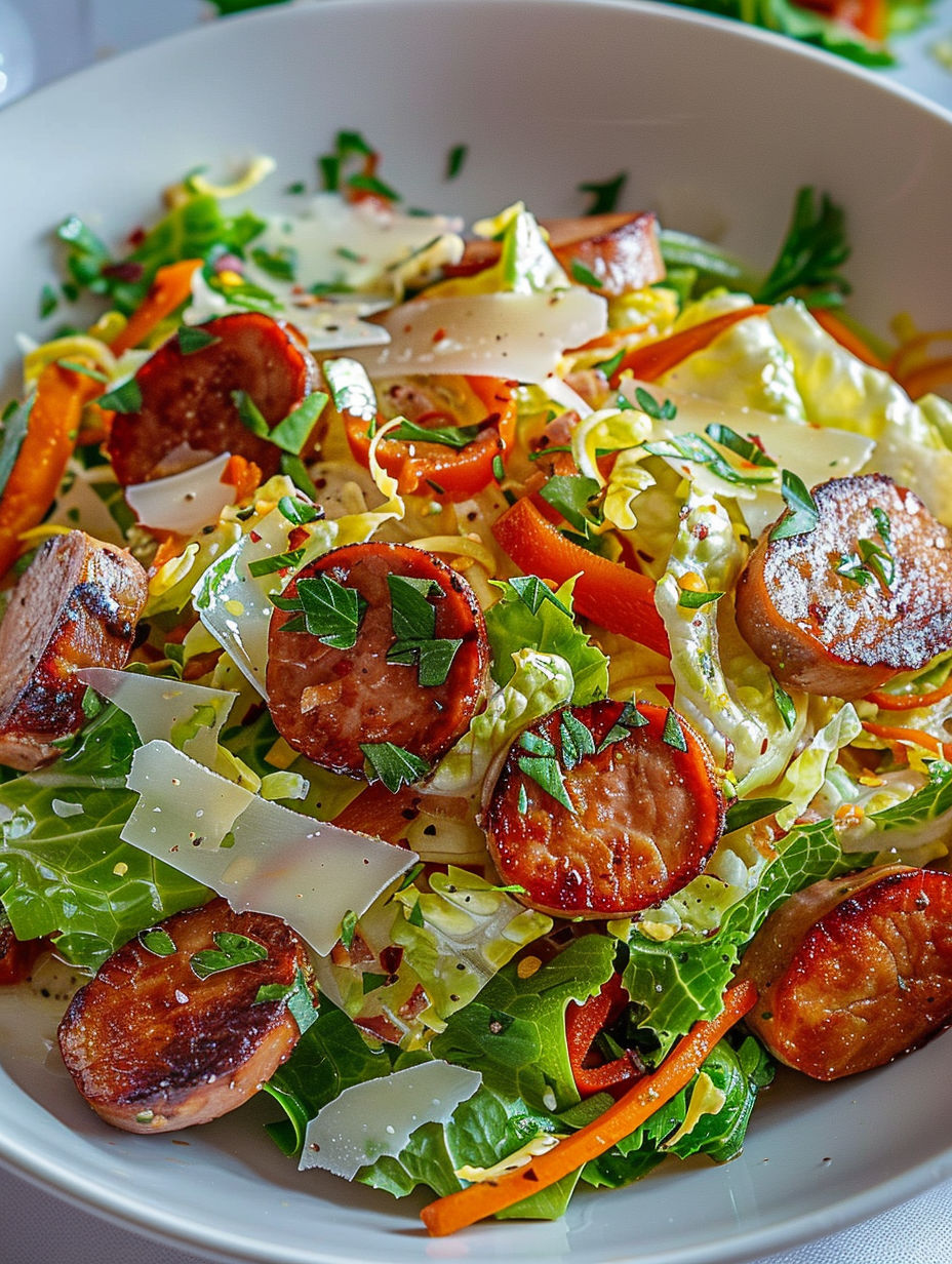 A salad with sausages and lettuce.