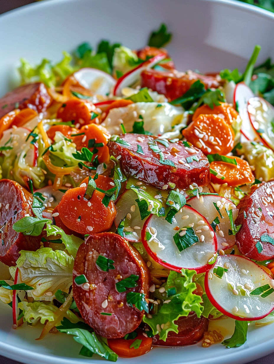 A salad with sausages and radishes.