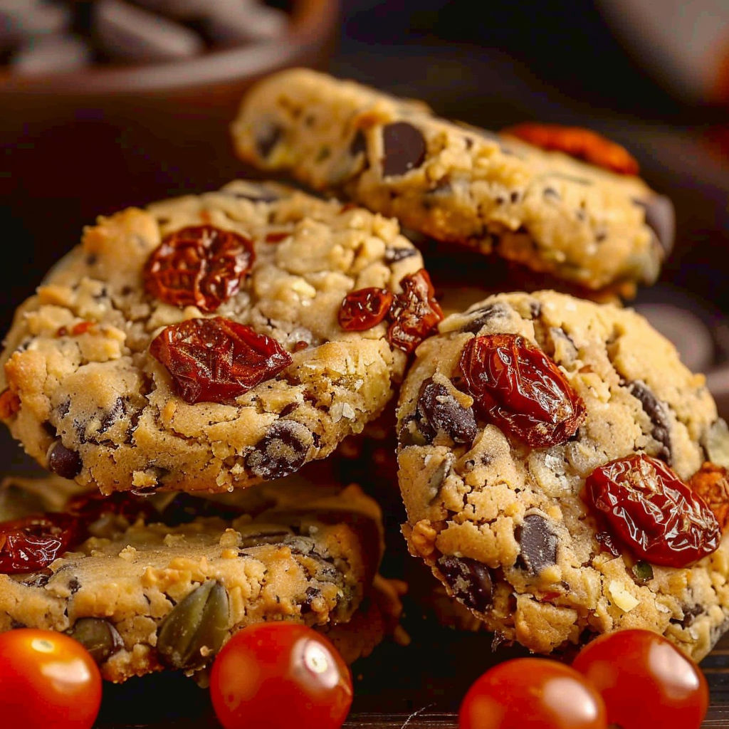 A stack of cookies with tomatoes and chocolate.