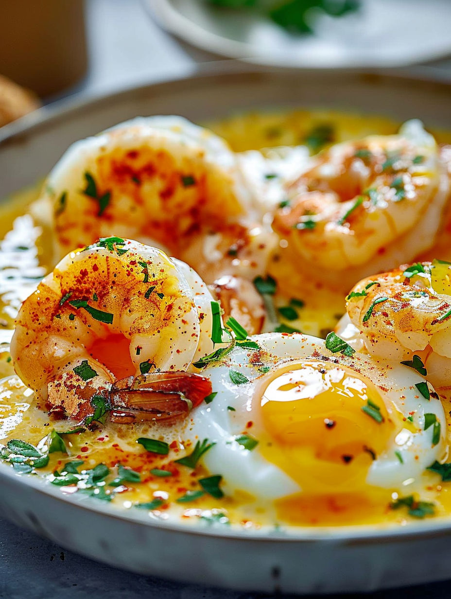 A bowl of shrimp and eggs.