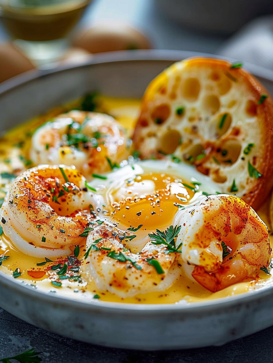 A bowl of shrimp and eggs.