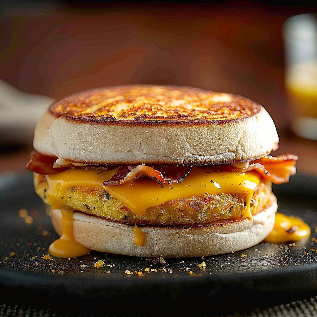 A breakfast sandwich with bacon and cheese.
