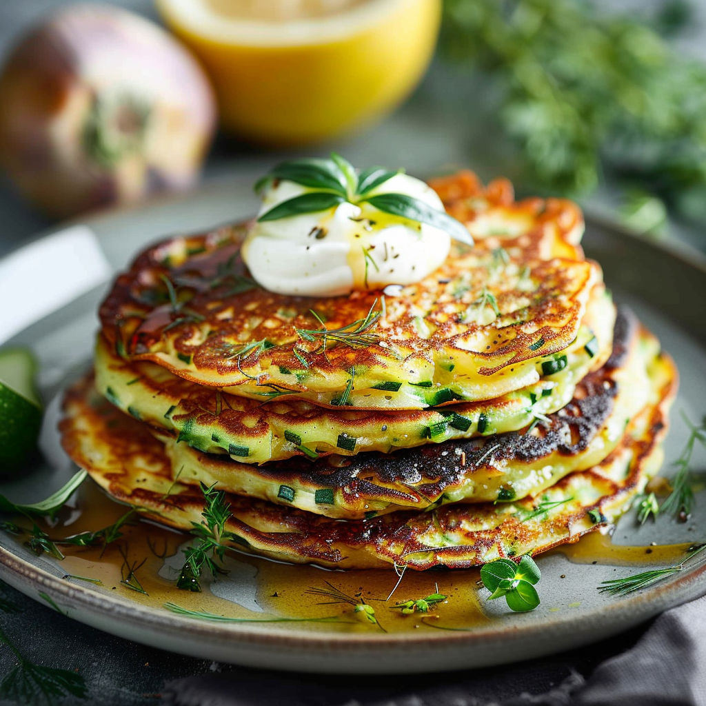 A stack of pancakes with eggs and cheese on top.