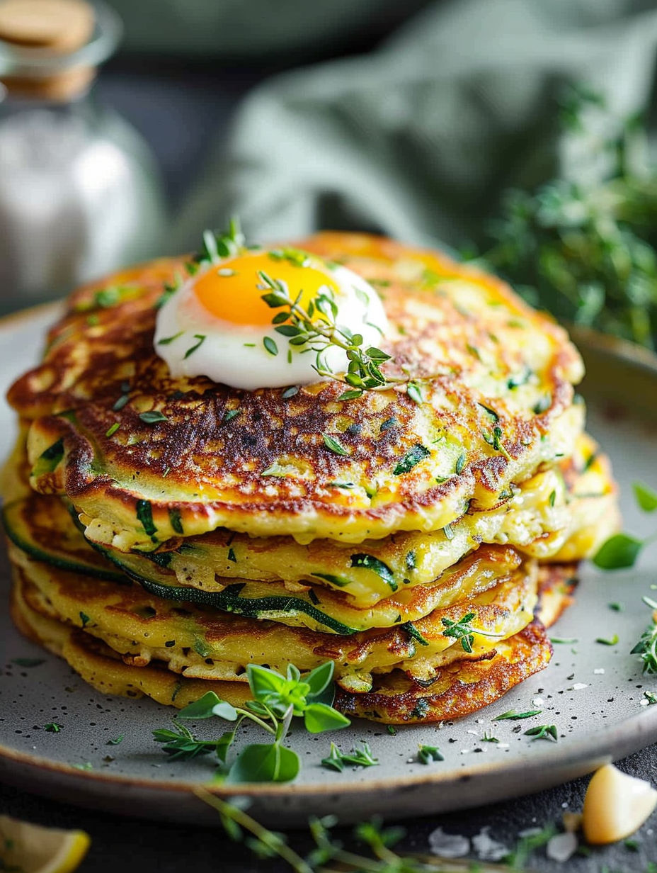 A stack of pancakes with a fried egg on top.