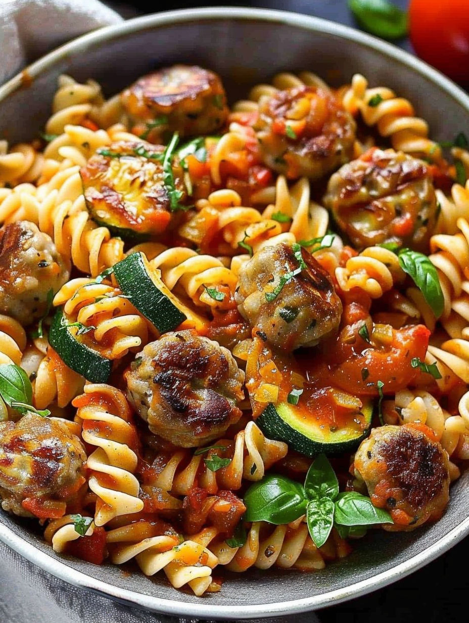 A bowl of pasta with meatballs, zucchini, and tomatoes.