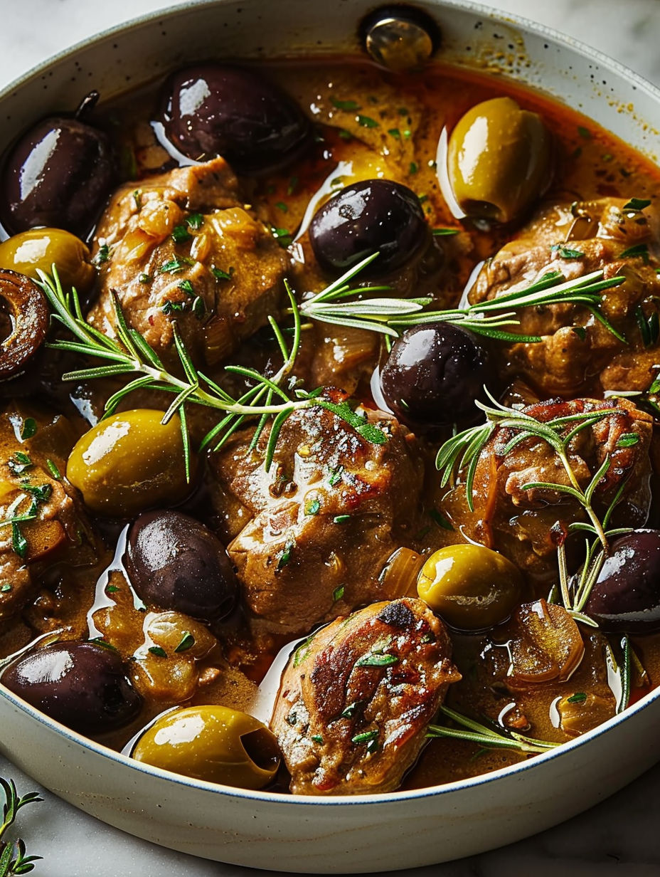 A bowl of meat with olives and thyme.