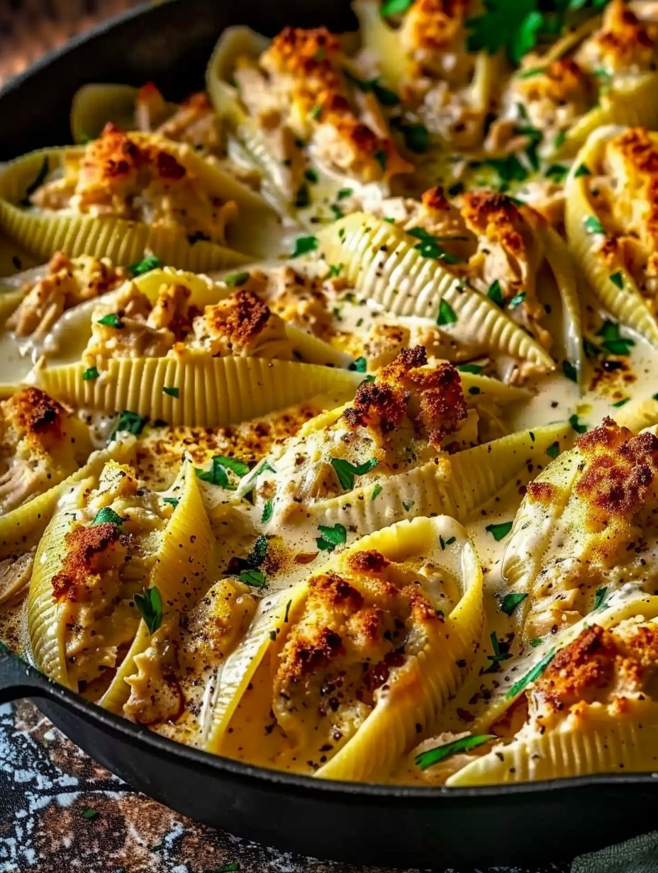 A dish of creamy cajun chicken stuffed shells.
