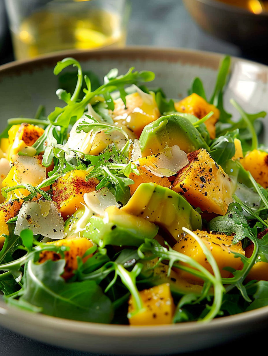 A salad with avocado, mangos, and greens.