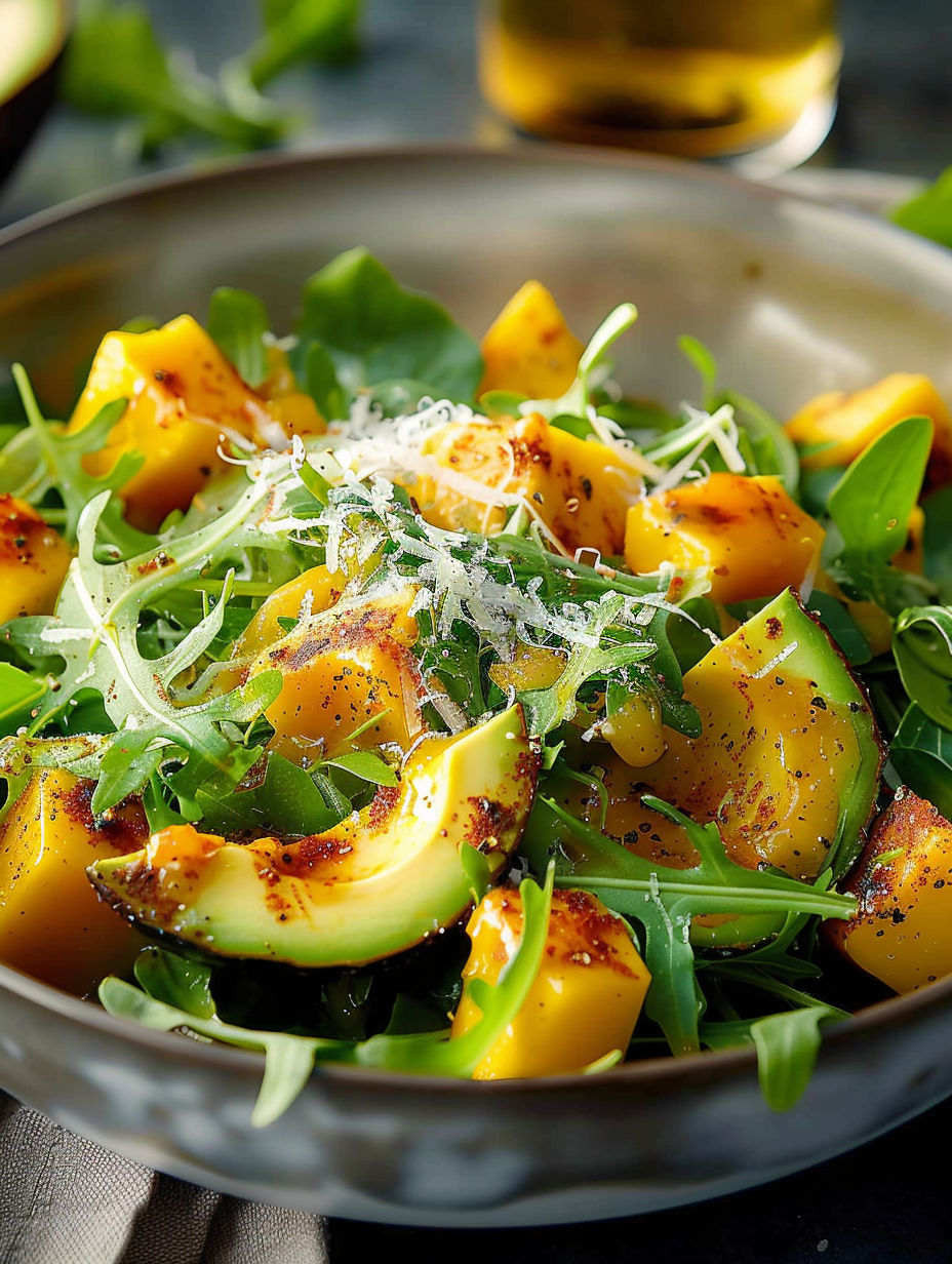 A bowl of salad with avocado, mangue, and lettuce.