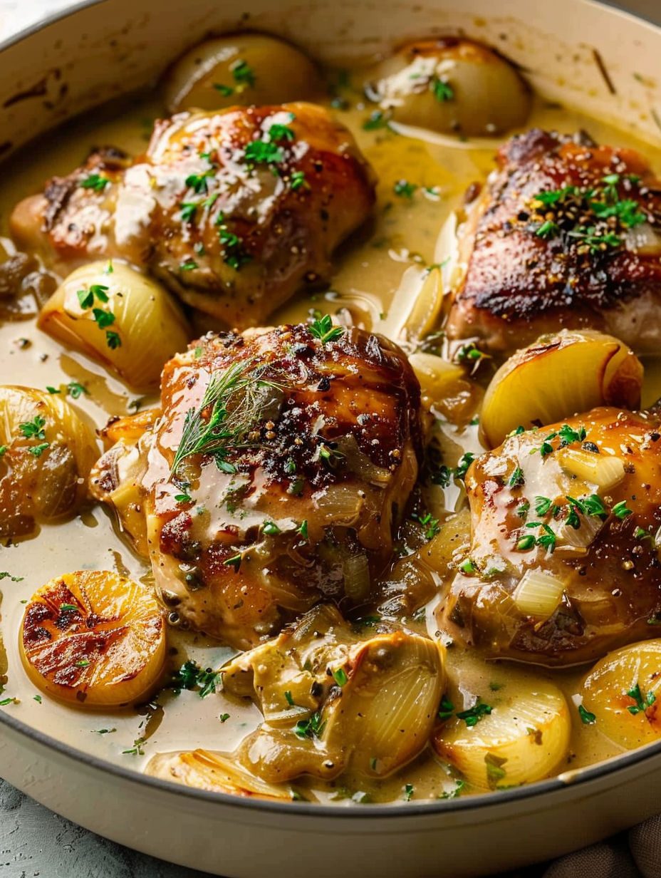 Chicken with onions and herbs.