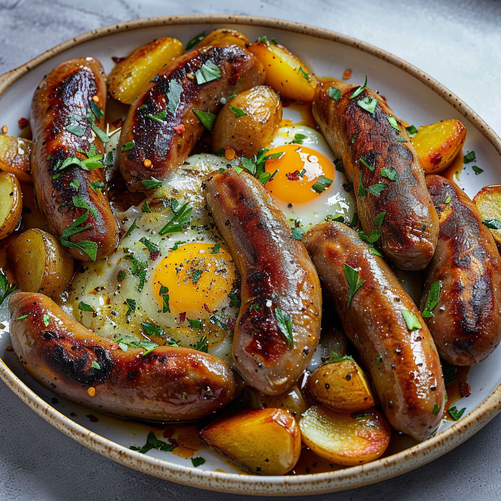 A plate of sausages and eggs.