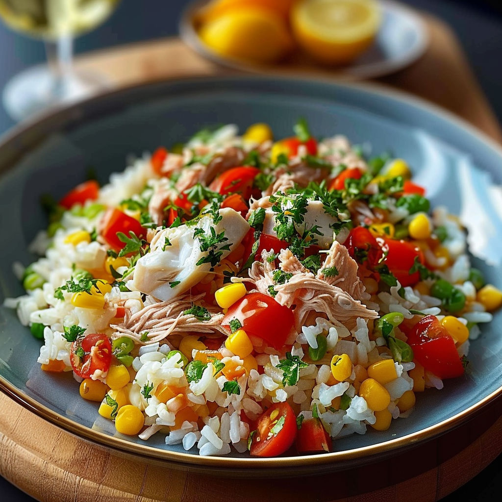 A plate of rice, tomatoes, and corn.