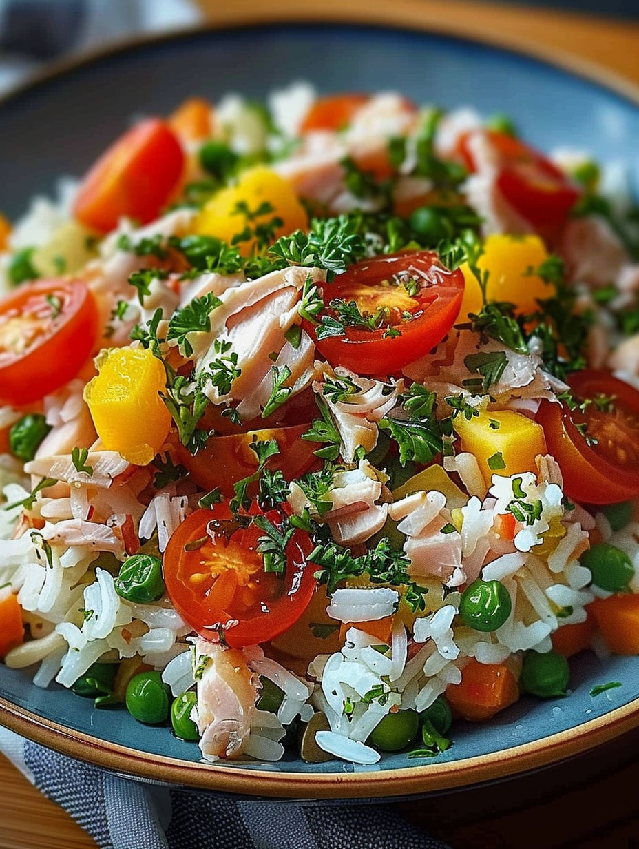 A plate of rice, tomatoes, and chicken.