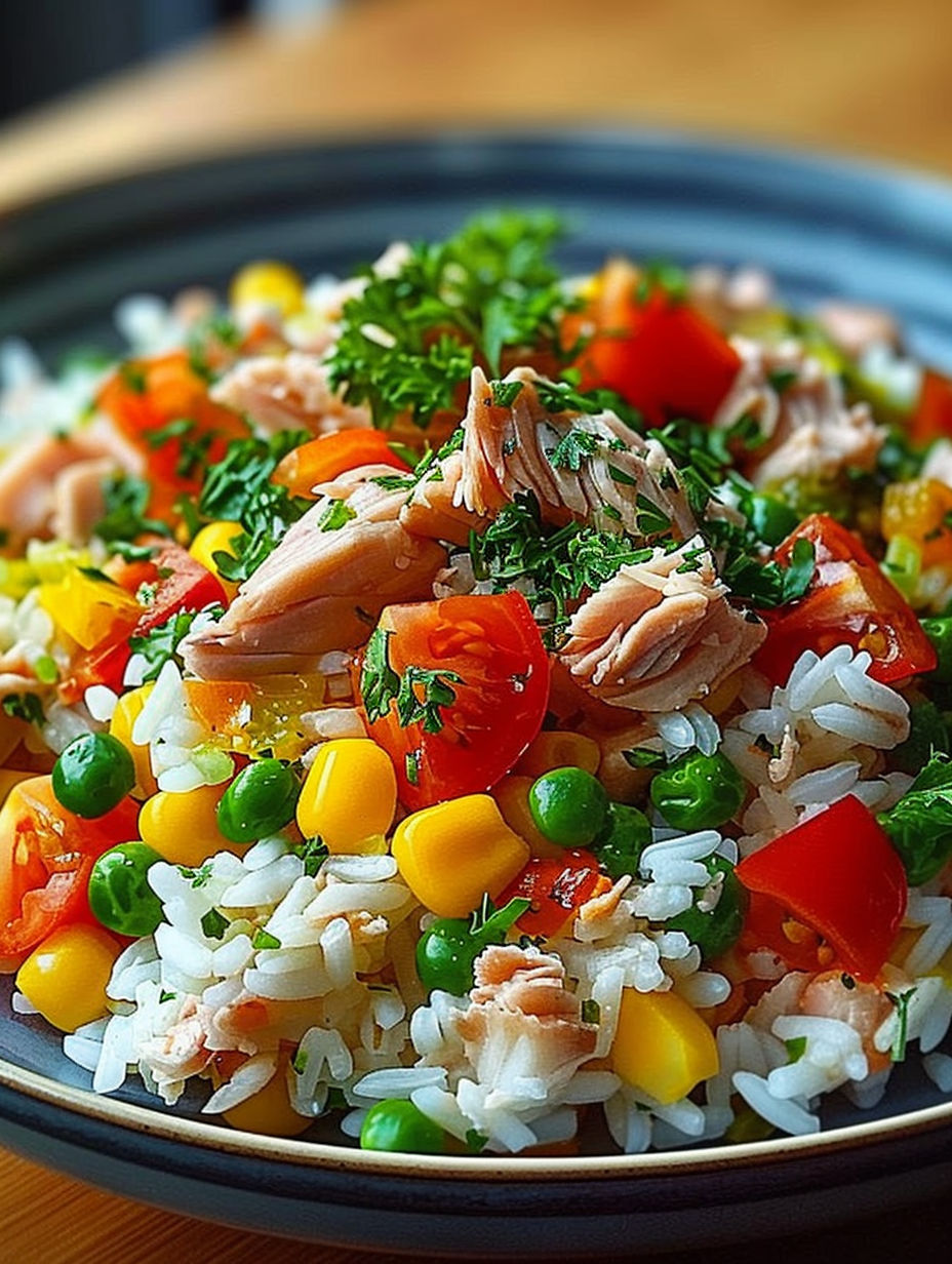 A plate of rice, tomatoes, corn, and peas.