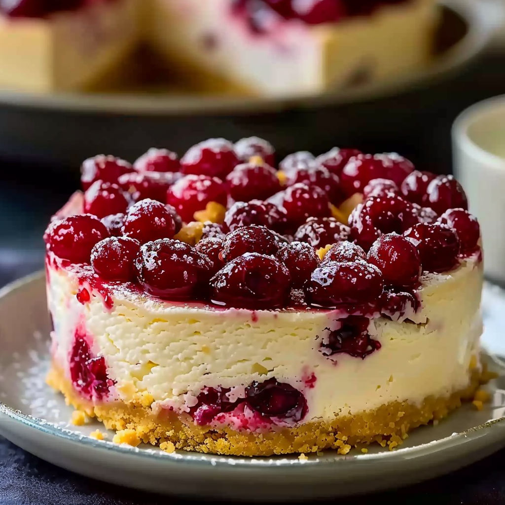 A slice of a no-bake cranberry white chocolate cheesecake.