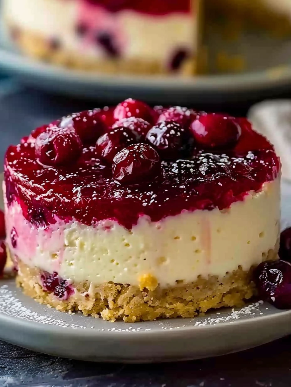 A slice of cake with berries on top.