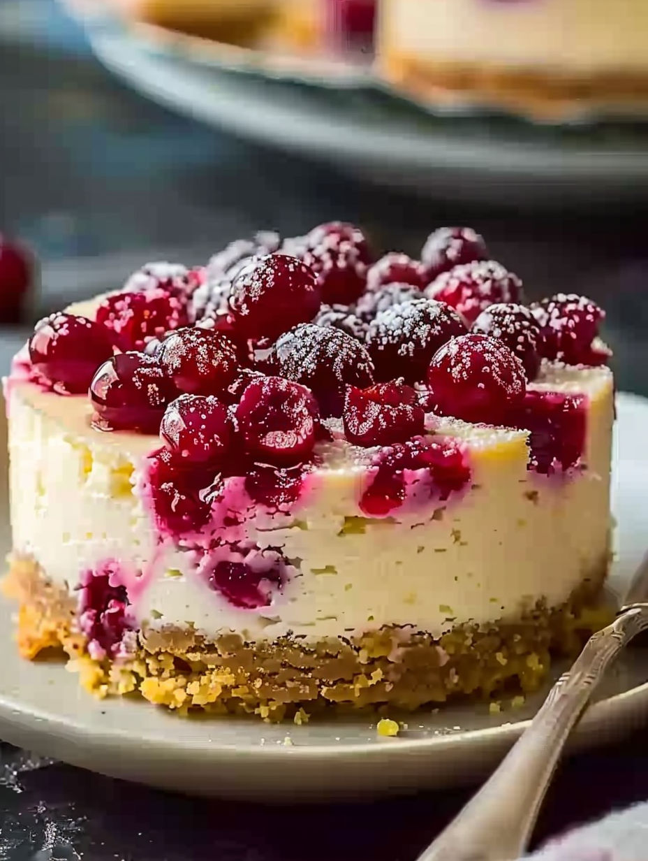 A slice of cake with raspberries on top.