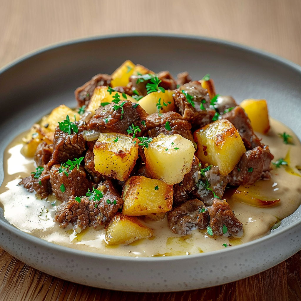 A plate of food with meat and potatoes.