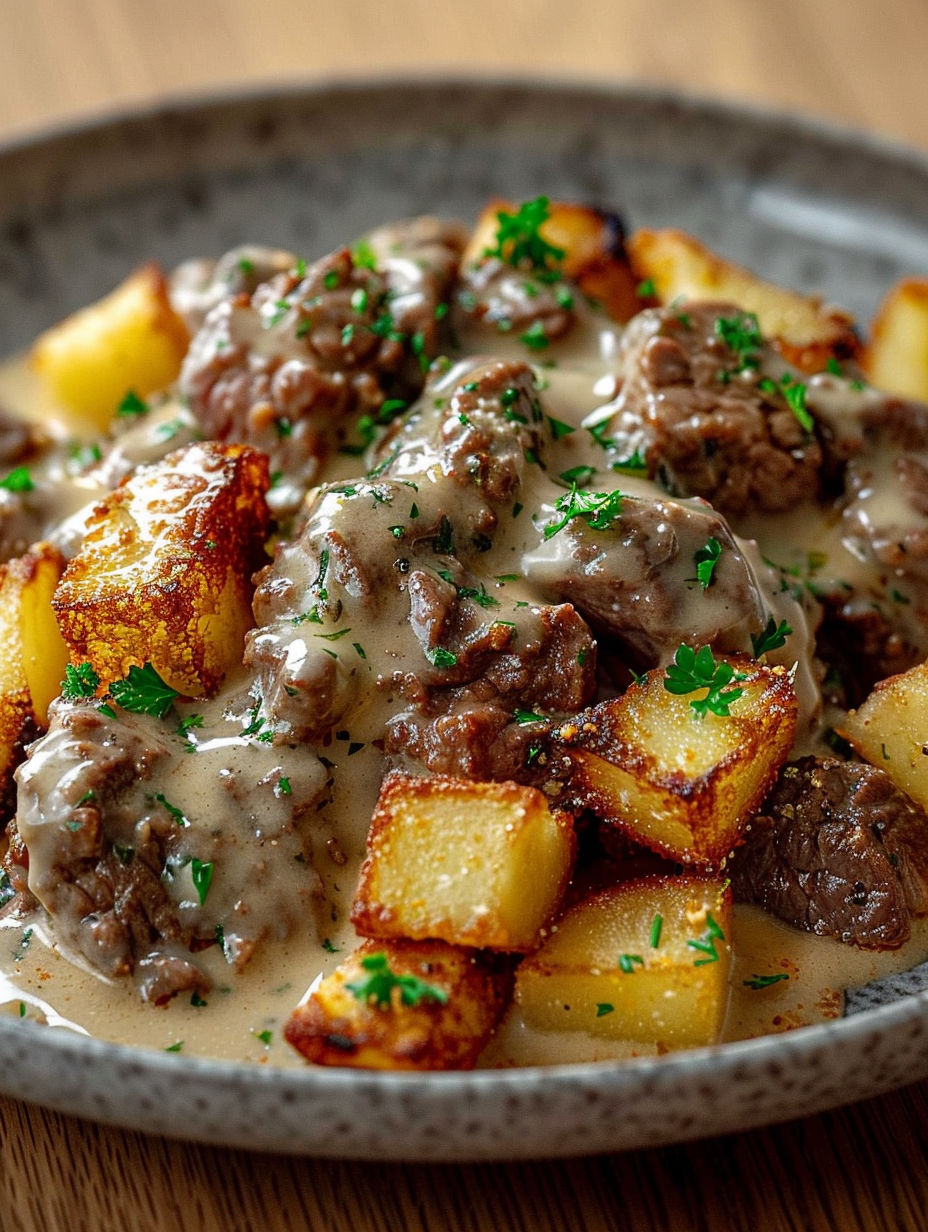 A bowl of meat and potatoes.