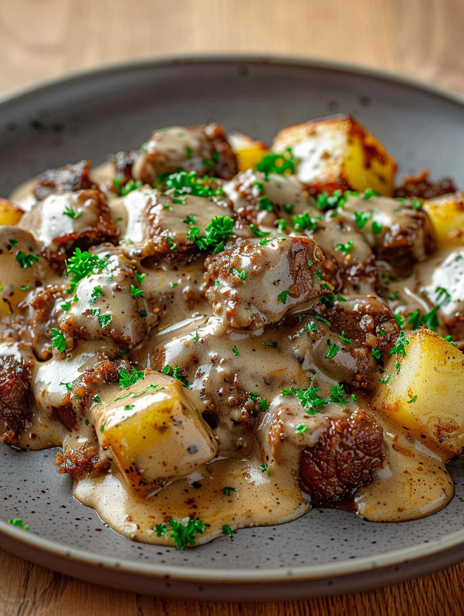 A plate of food with a creamy sauce.