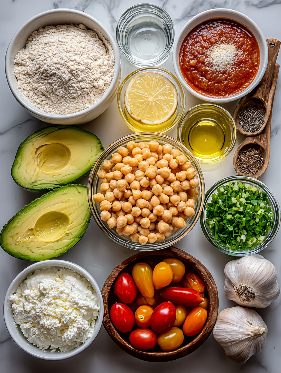 A variety of foods are displayed on a table, including tomatoes, chickpeas, and guacamole.