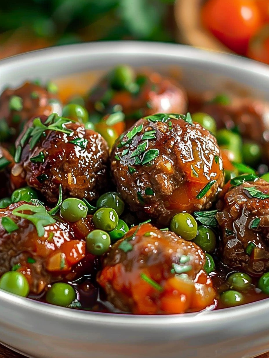 A bowl of meatballs with peas and tomatoes.