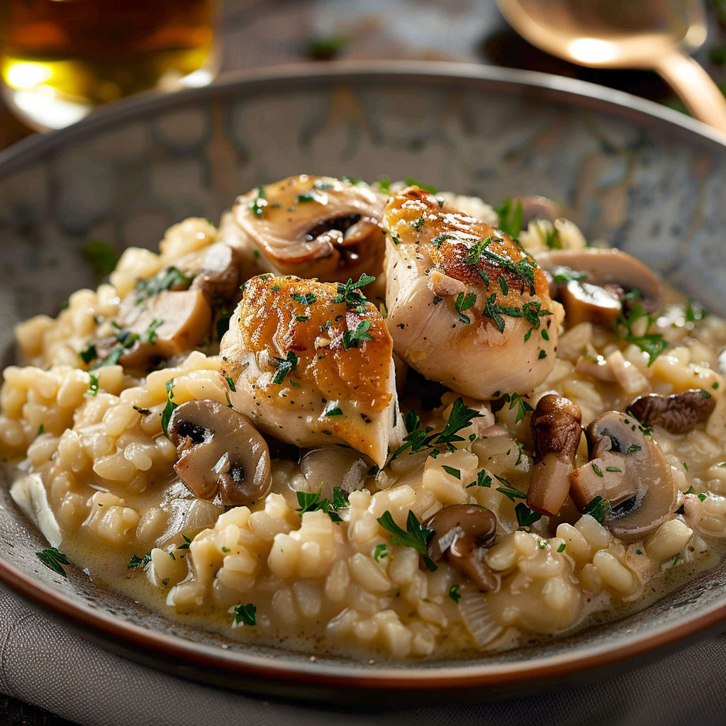 A bowl of risotto with chicken and mushrooms.