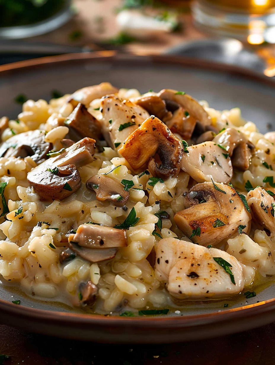 A plate of risotto with mushrooms and chicken.
