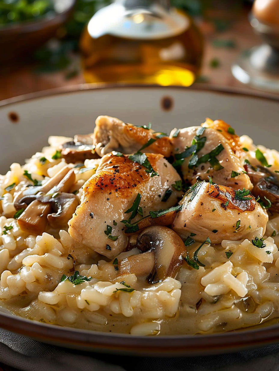 A bowl of risotto with chicken and mushrooms.