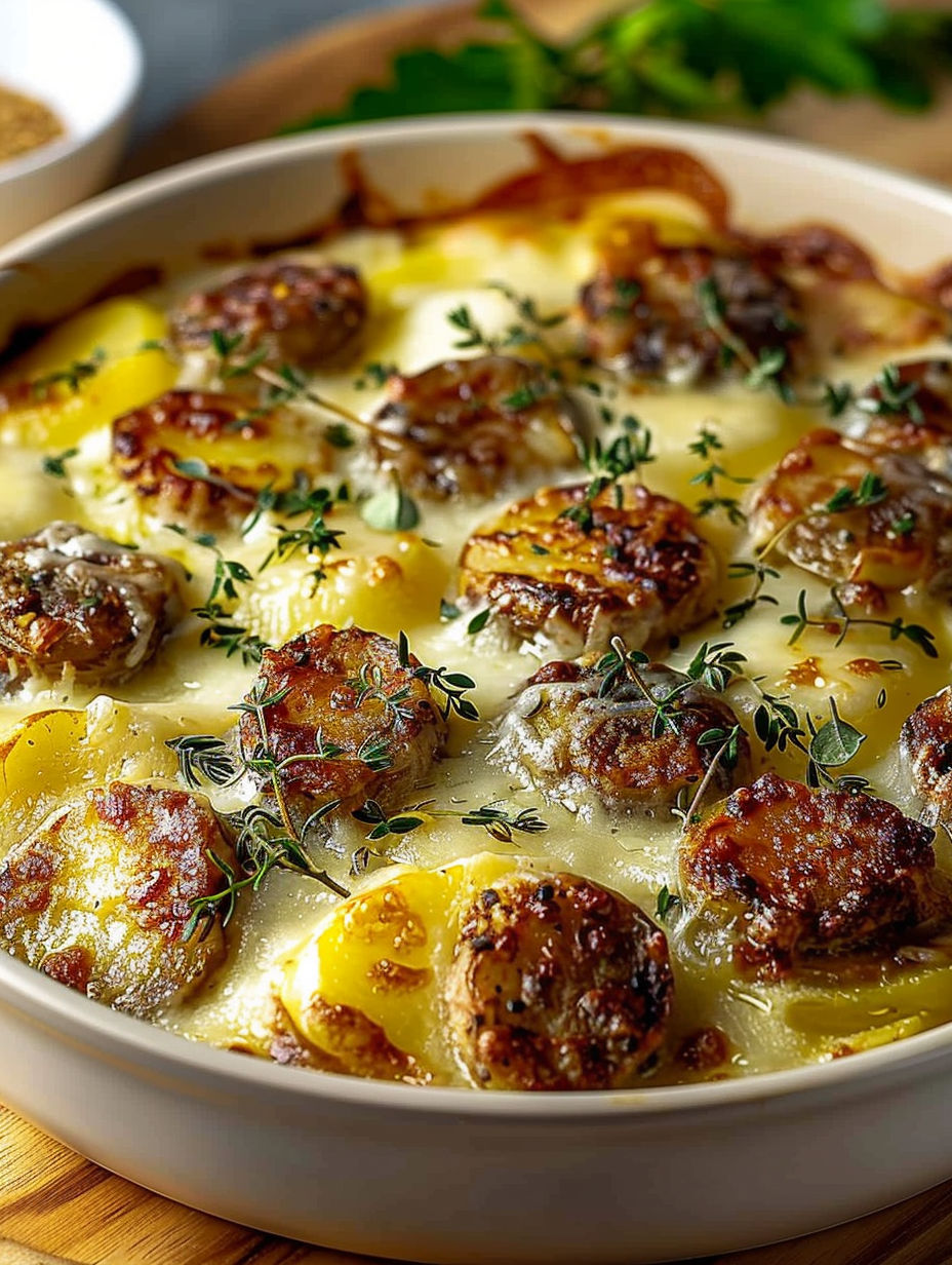 A dish of food with potatoes and sausage.