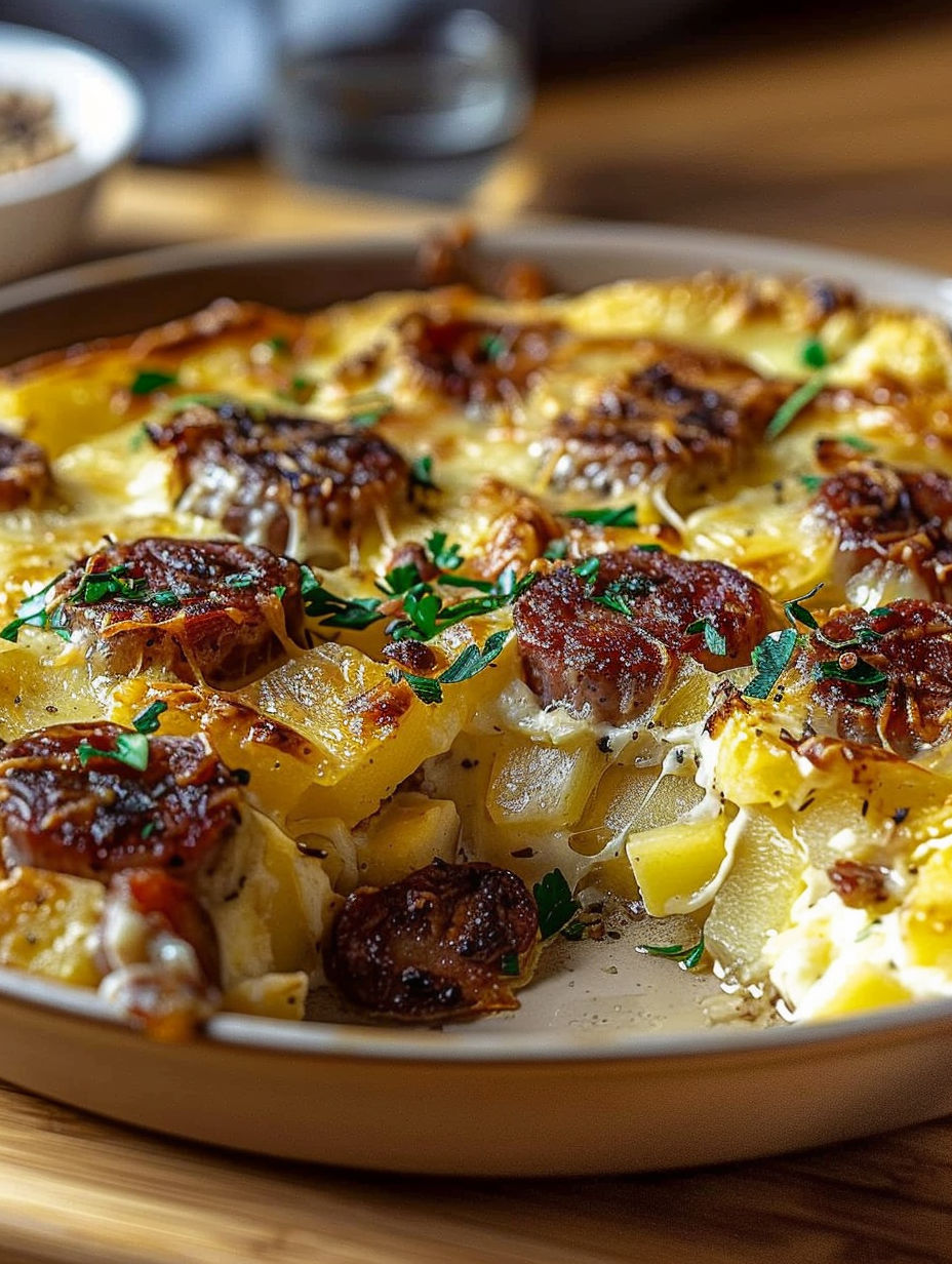 A delicious looking dish of pommes saucisse and sausage.