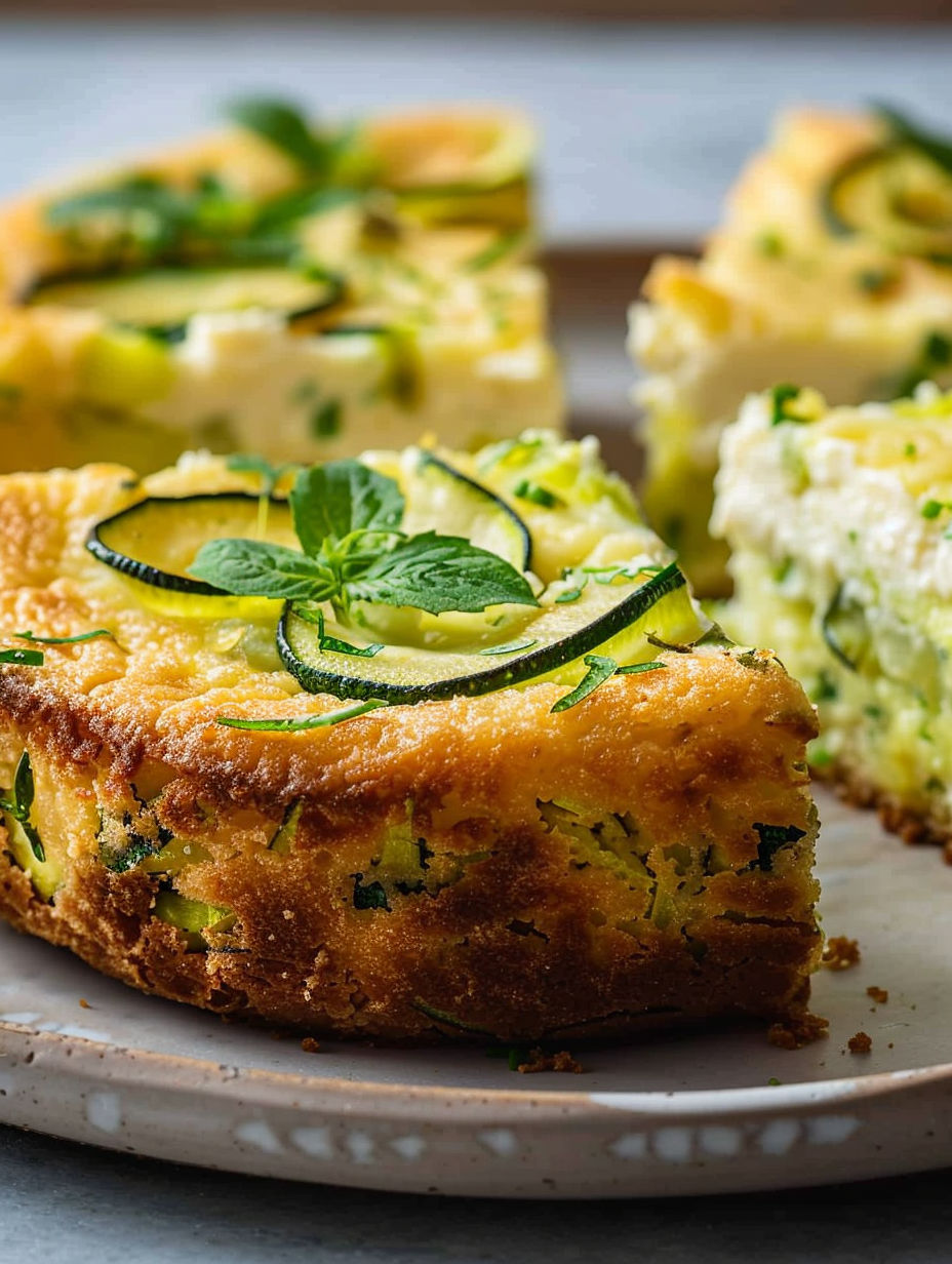 A slice of a cake with zucchini and ricotta.