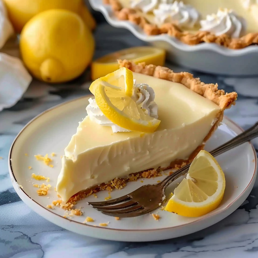 A slice of lemon pie with a fork on a plate.