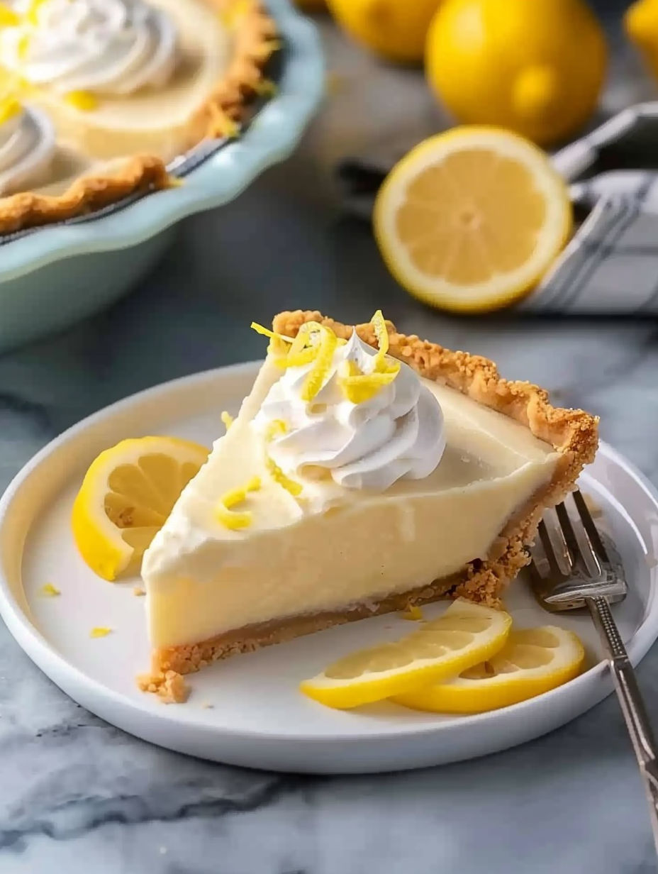 A slice of lemon pie with whipped cream on top.
