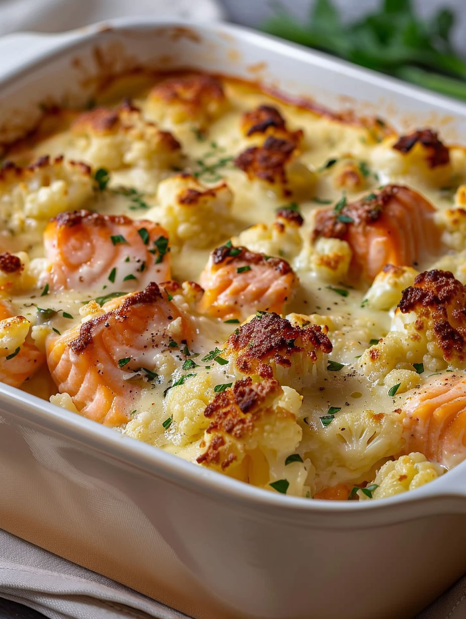 A dish of chicken and cauliflower with cheese on top.