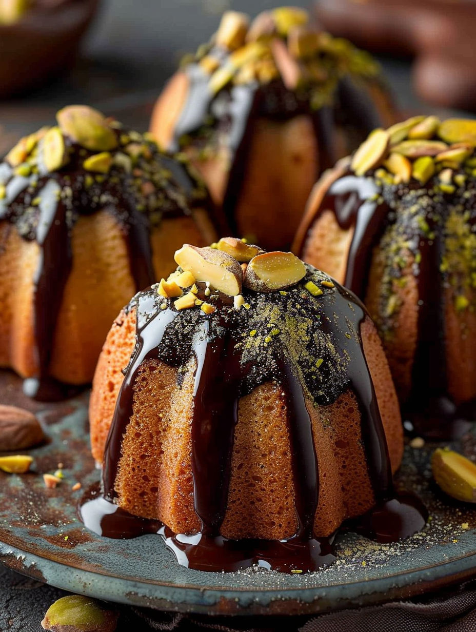 A close up of a chocolate and pistachio covered cake.