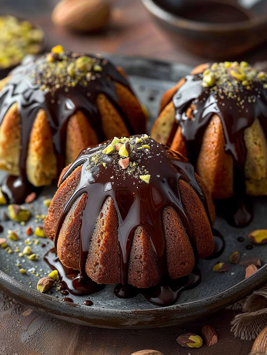 Three chocolate madeleines with pistachio toppings.