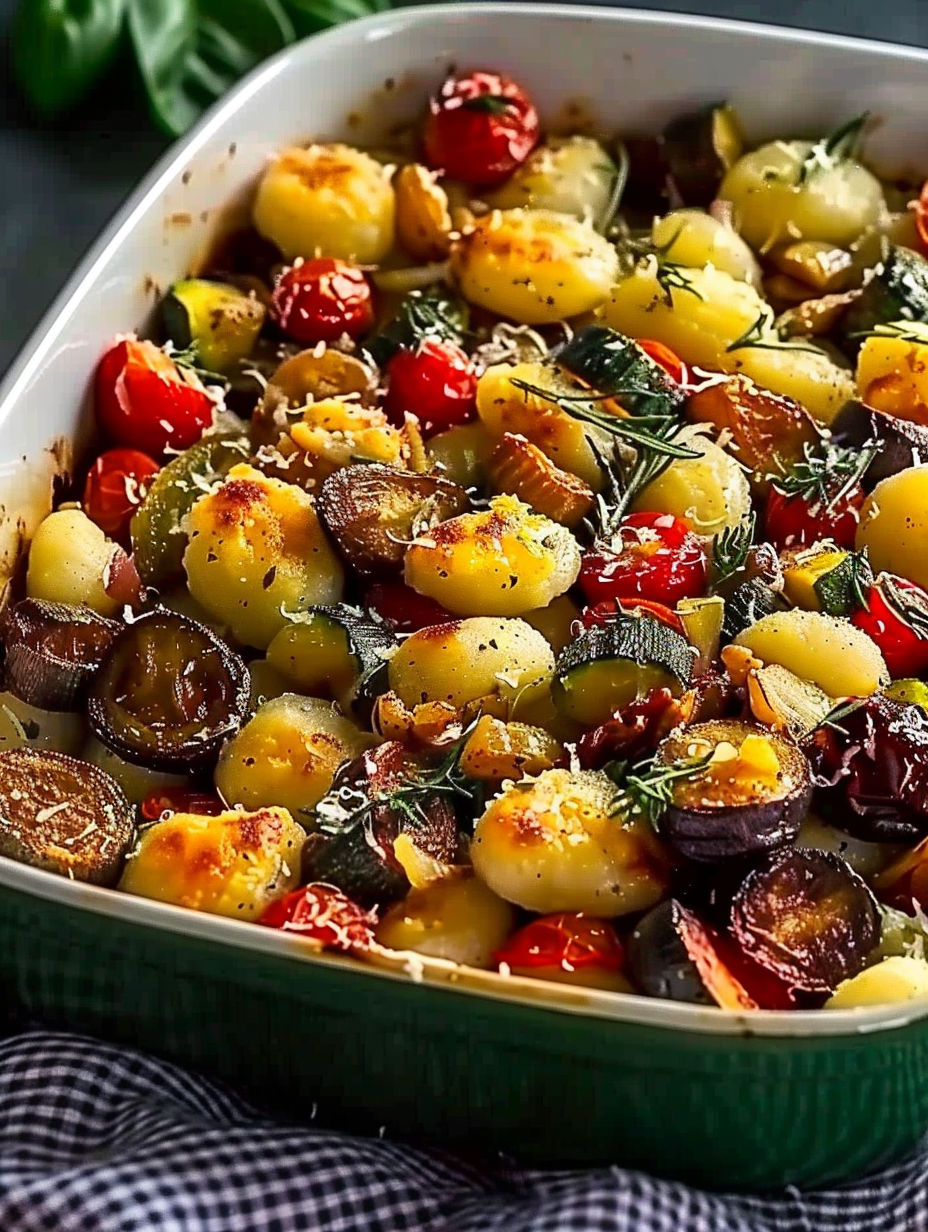 A dish of roasted vegetables and gnocchi.