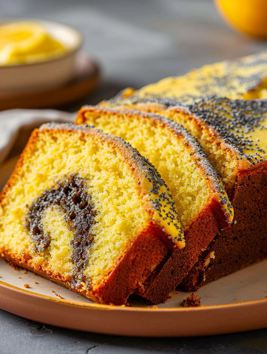 A slice of cake with a swirl of chocolate on top.