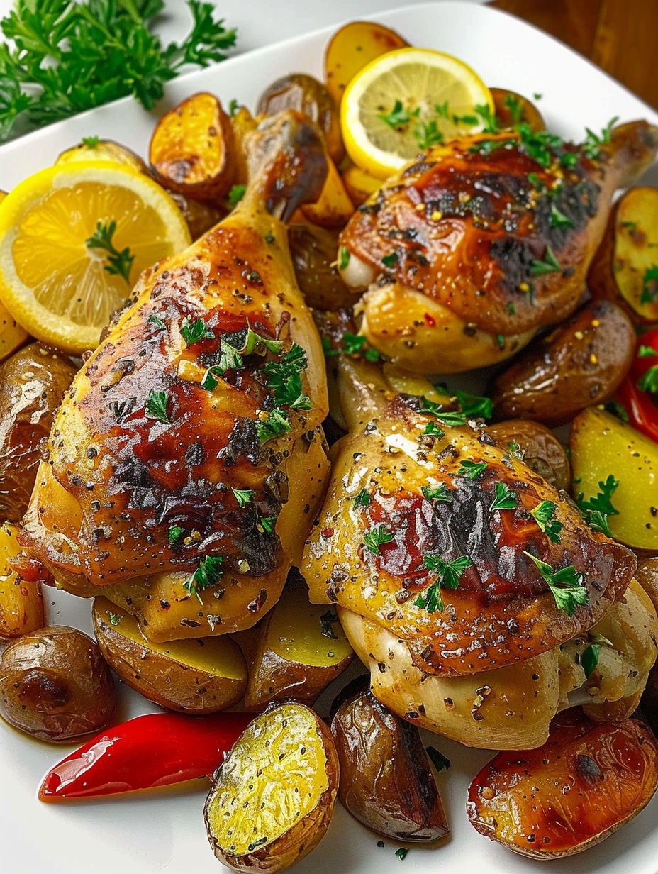 Chicken with lemon and potatoes.
