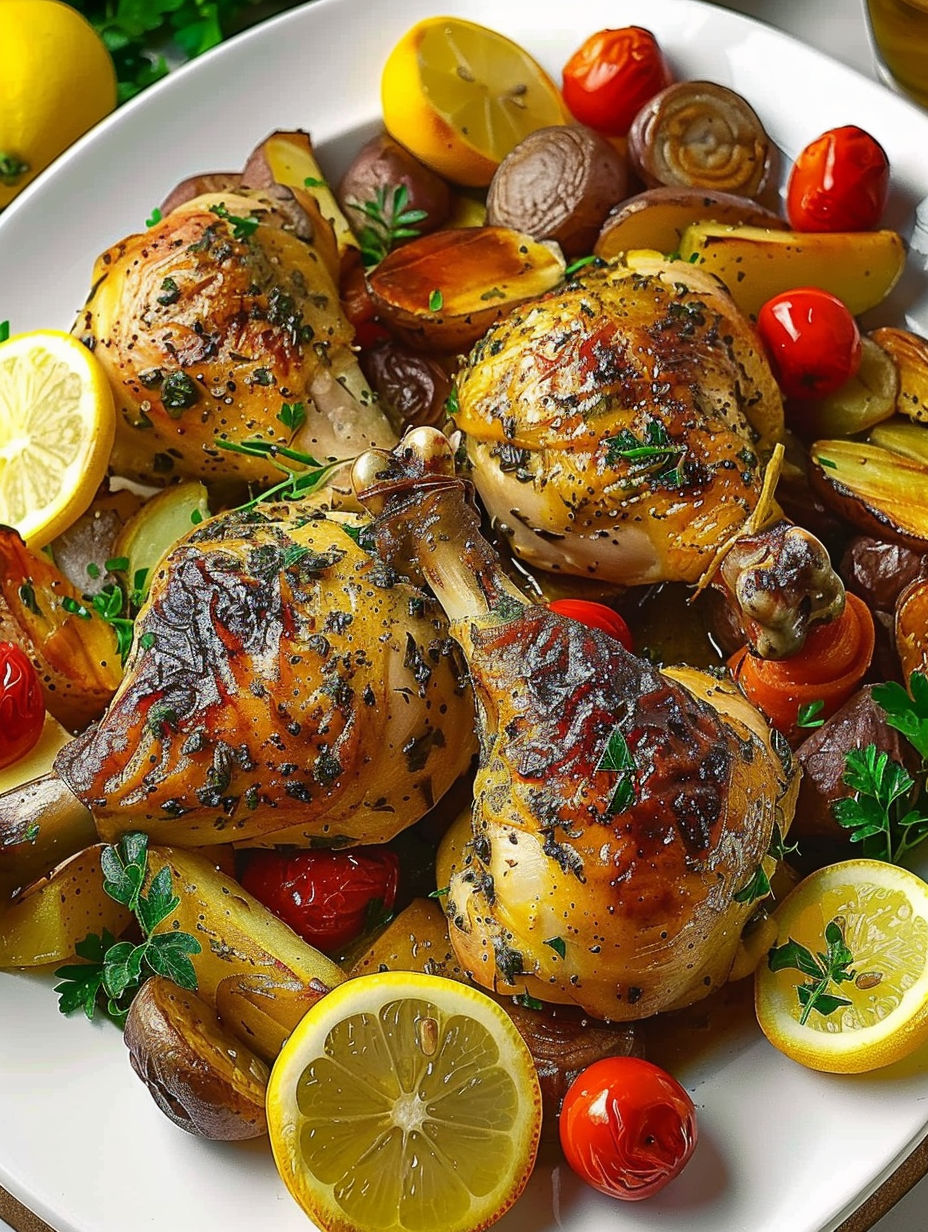 A plate of roasted chicken with lemon and potatoes.