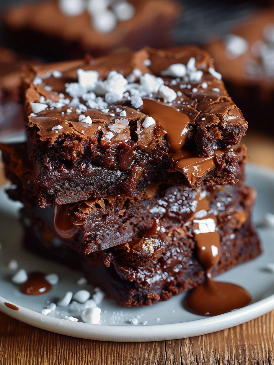 A plate of brownie with chocolate drizzle.