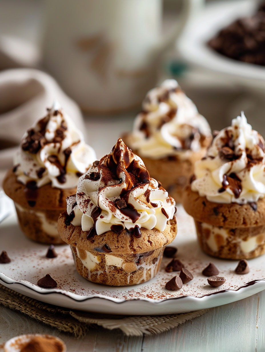 A plate of cupcakes with white frosting and chocolate drizzle.