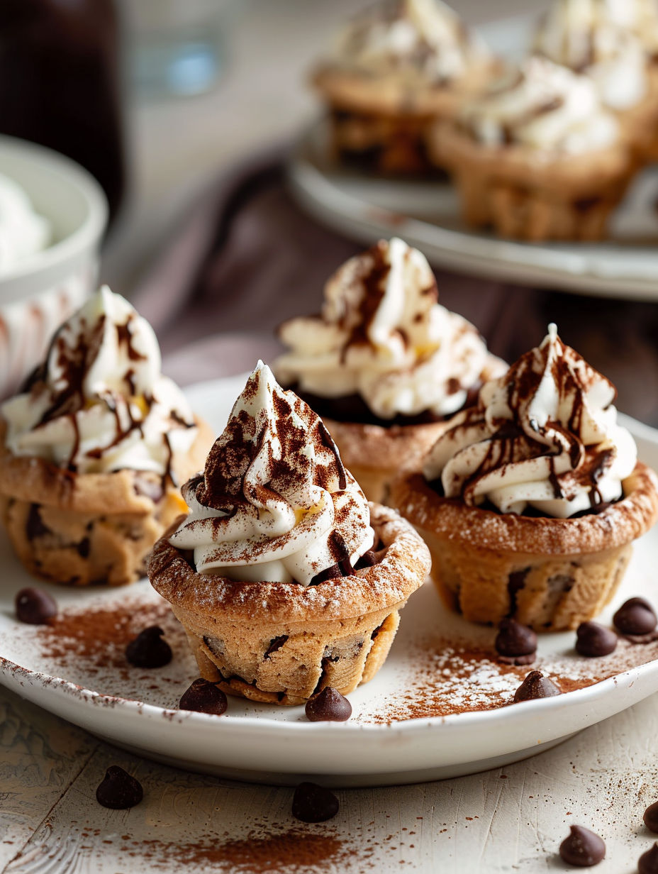 A plate of desserts with white whipped cream and chocolate drizzle.