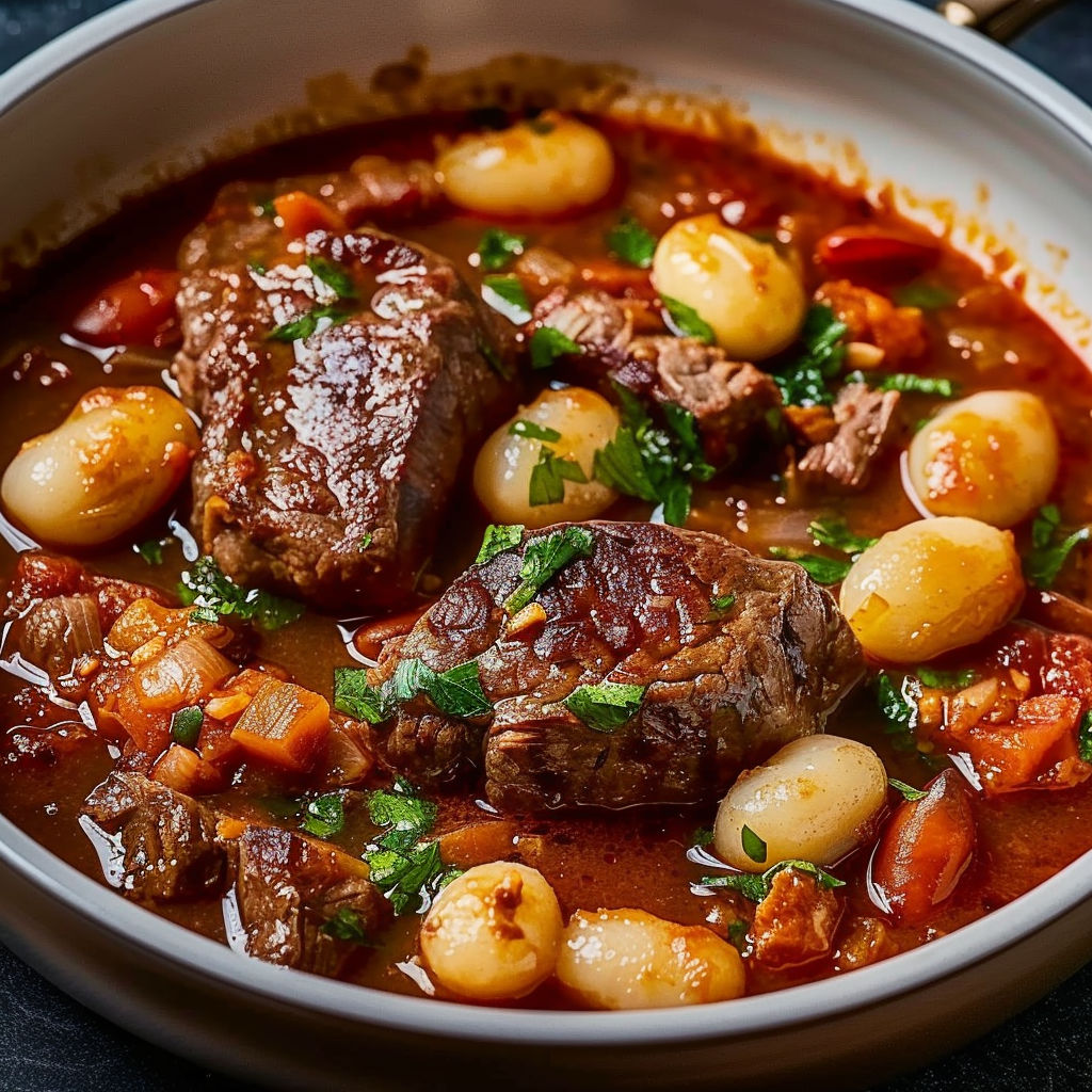 A bowl of beef stew with potatoes and green herbs.