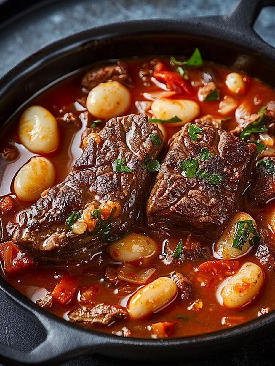 A bowl of beef stew with beans and herbs.