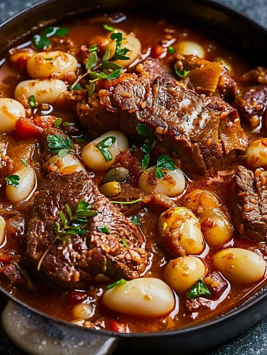 A close up of a beef stew with onions and mushrooms.