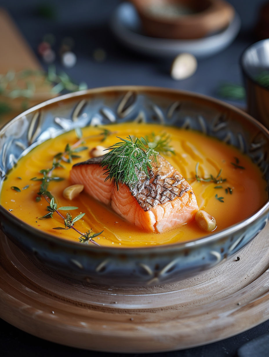 A bowl of soup with salmon and herbs.