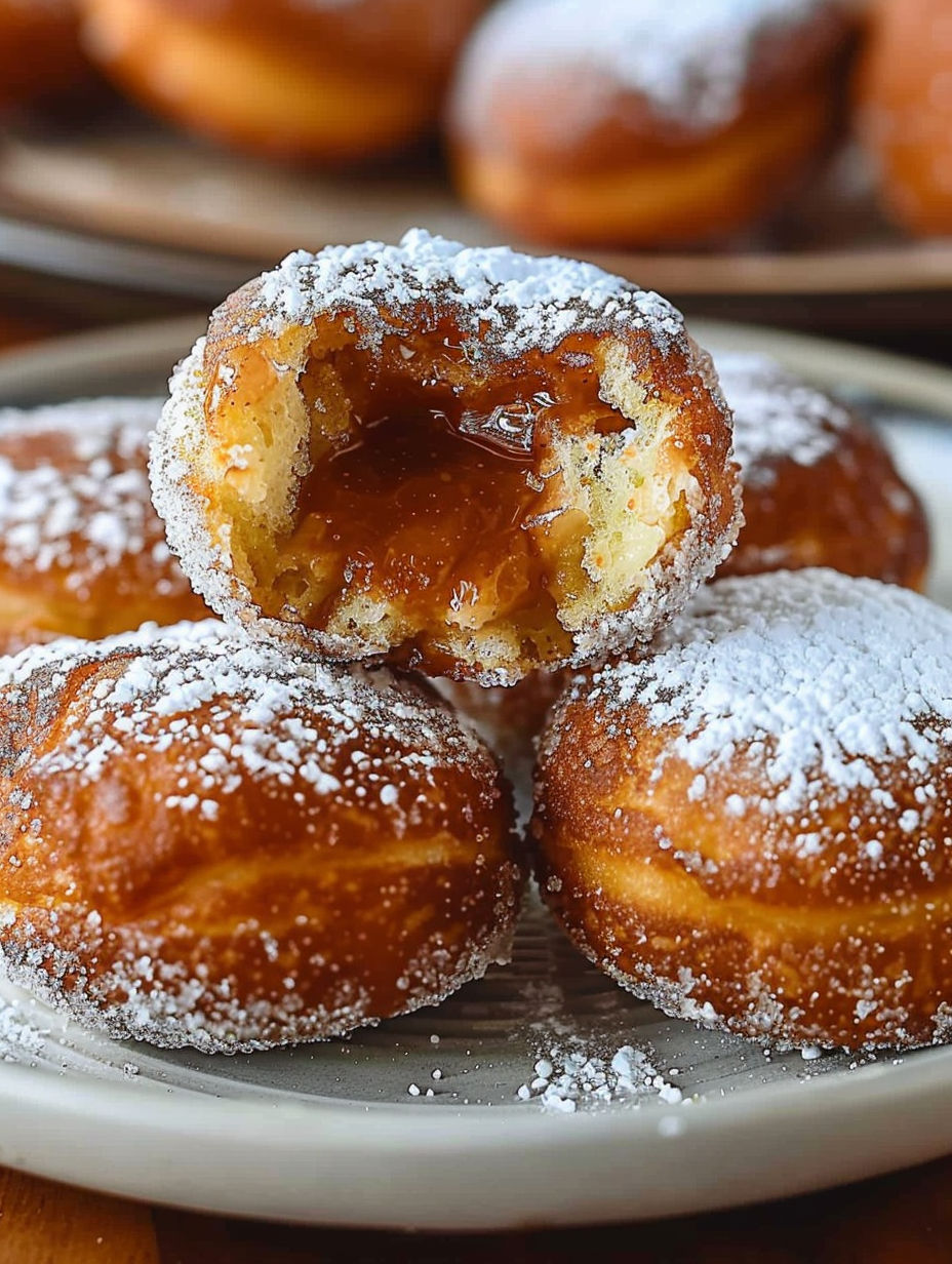 A plate of donuts with powdered sugar on top.