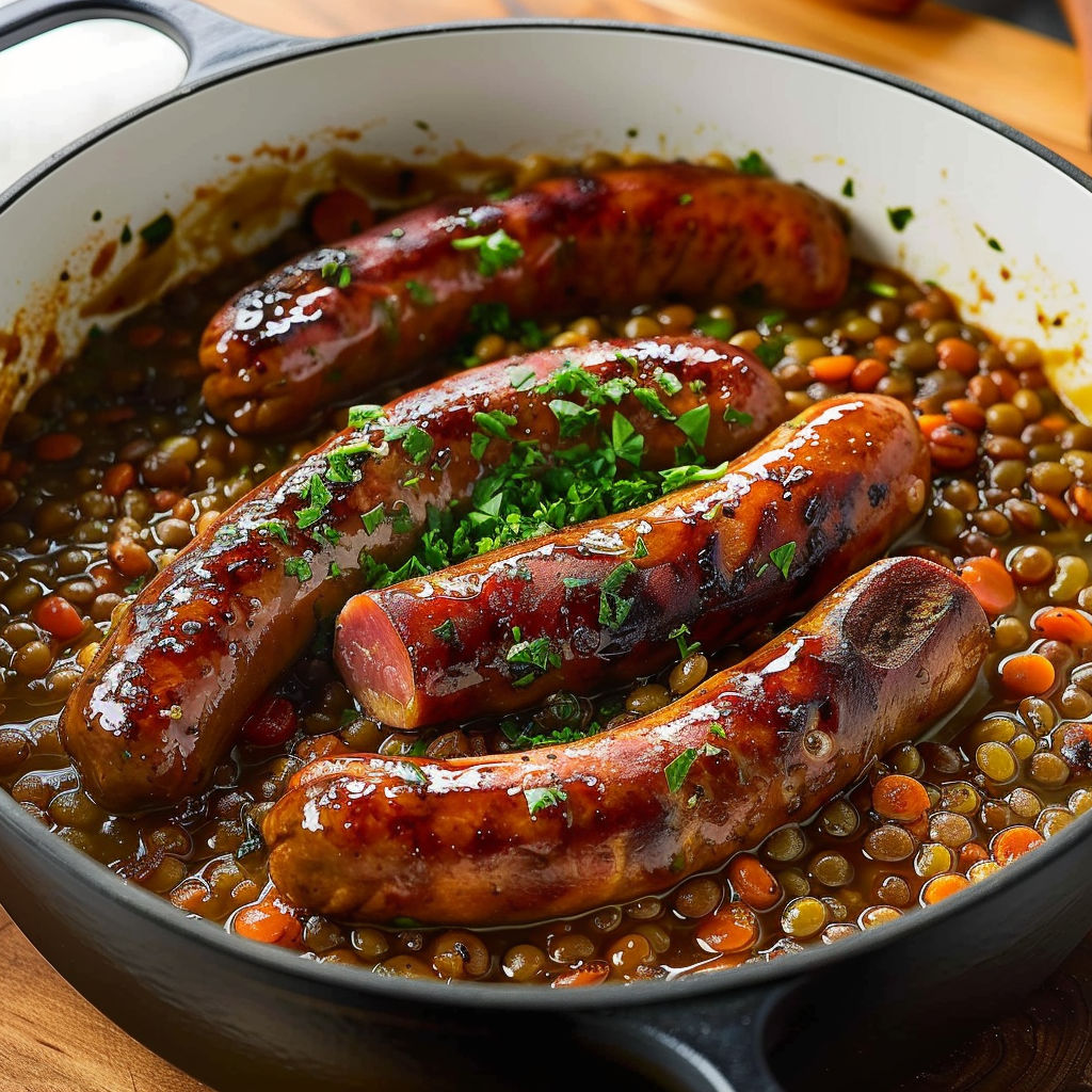 A pan of sausages and lentils.
